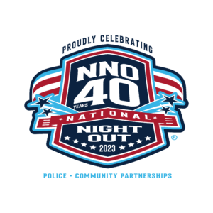 National Night Out 40th Anniversary logo is red white and blue and resembles a police shield or patch.