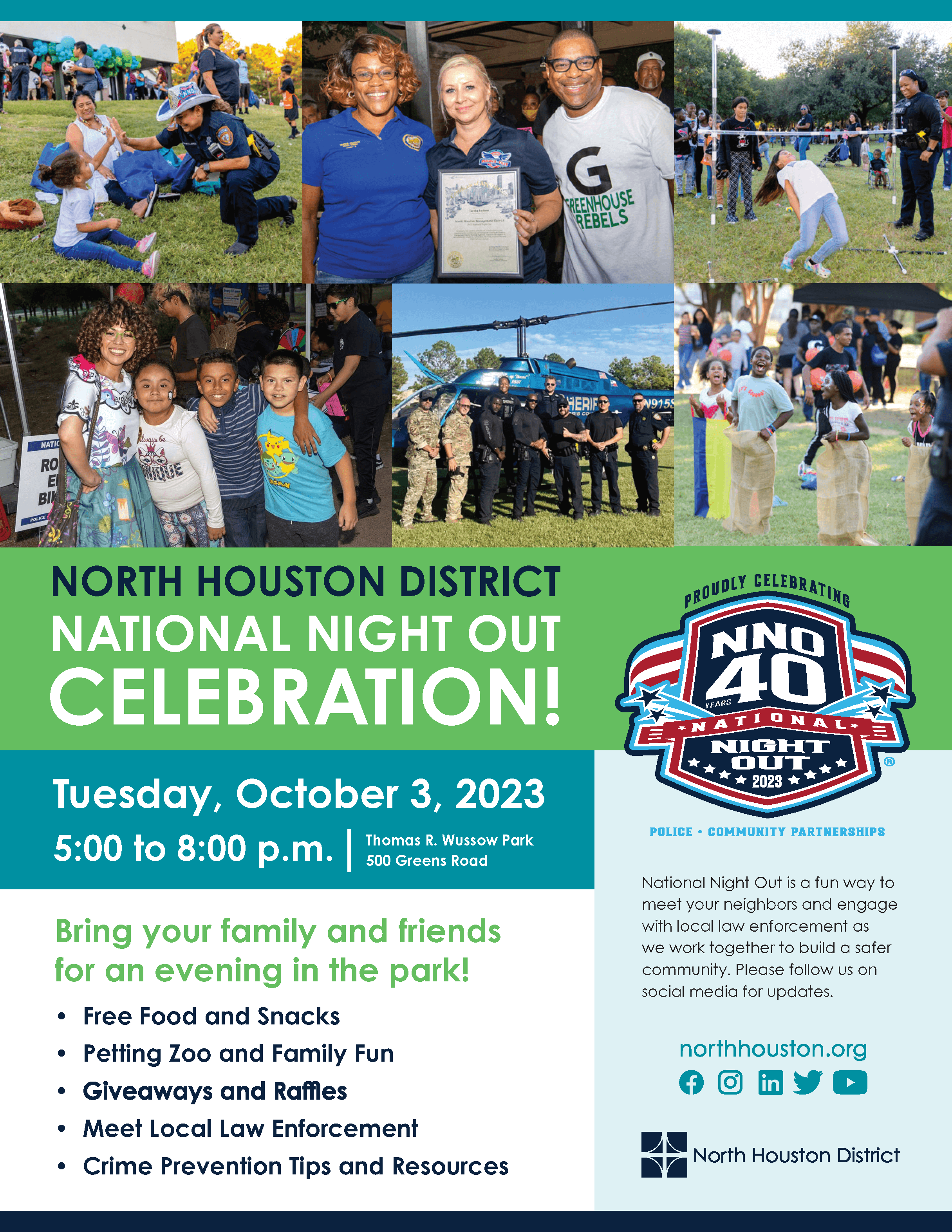 2023 National Night Out flyer in English with bright green and blue callout boxes and colorful photos showing happy smiling people at the 2022 event. 