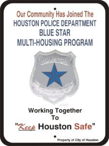 example of the Houston Police Department Blue Star certified sign shows silver shied with a blue star. 