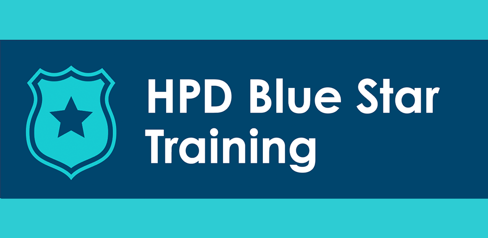 Graphic image - narrow light teal bars on the top and bottom with a navy blue middle section with a light teal law enforcement badge icon and the words HPD Blue Star Training in white
