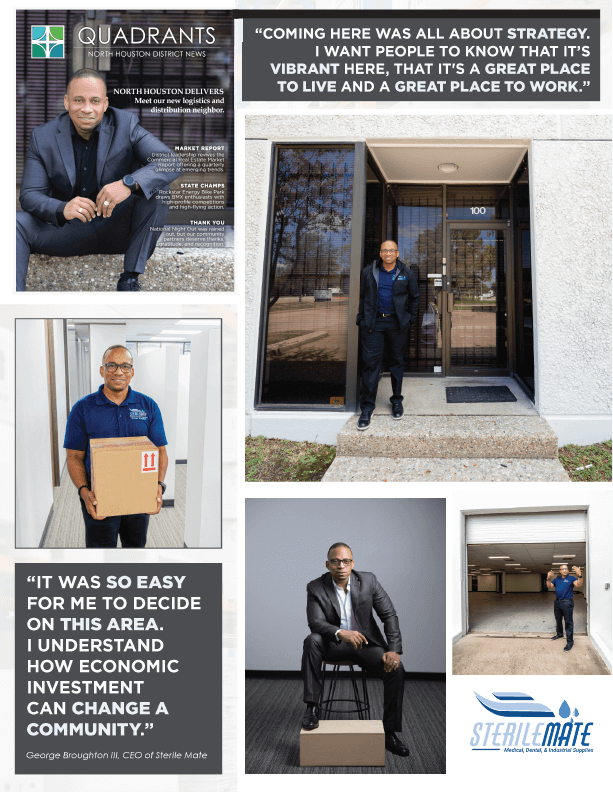 collage of handsome black man smiling inside and outside of his warehouse with office space. 