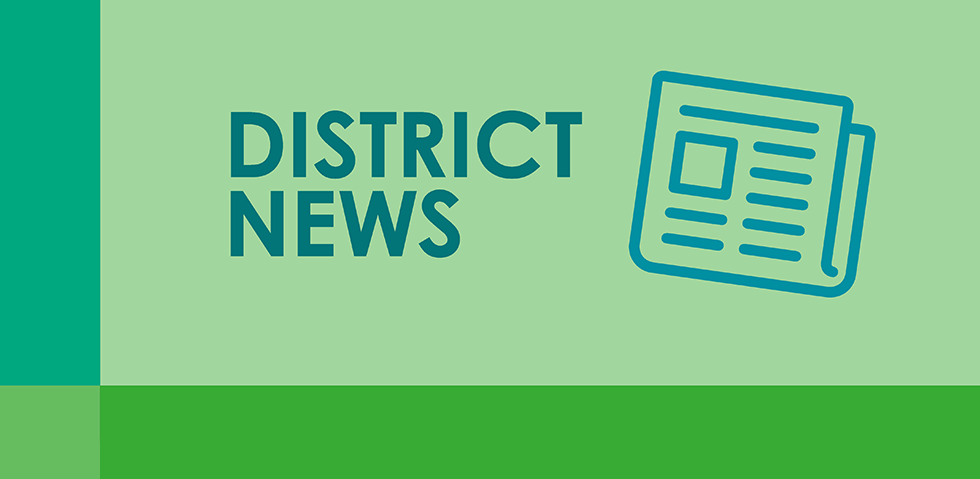District News graphic is several shads of vibrabt green and features a line drawing of a newspaper