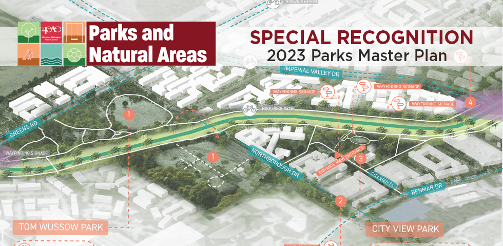 Horizontal graphic of a Wussow Park rendering from the Parks Master Plan with a banner across the to featuring the HGAC Parks and Natural Areas graphic and the words "Special Recognition 2023 Parks Master Plan"