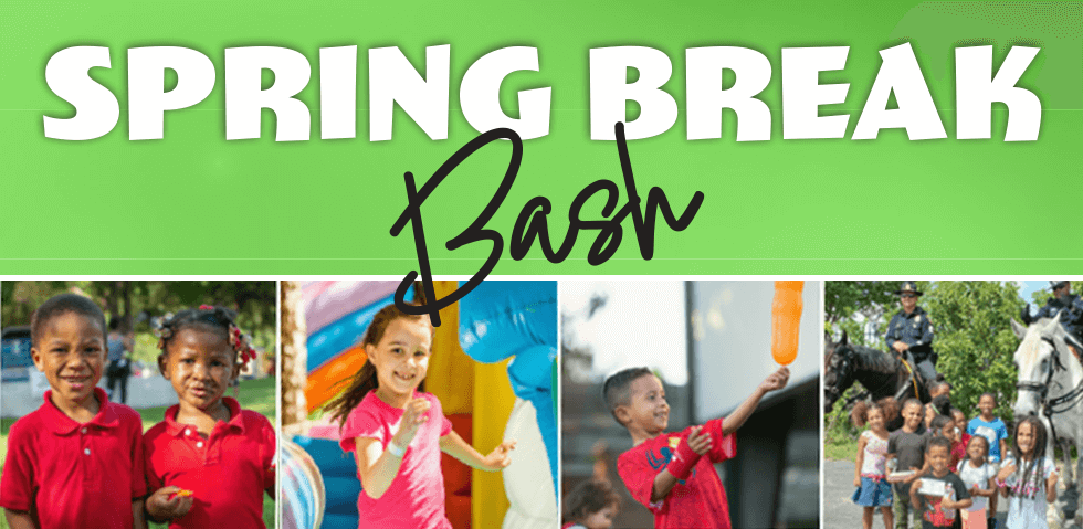Horizontal graphic image - Lime green top half with Spring Break Bash and four photos of children and law enforcement having fun at a community event