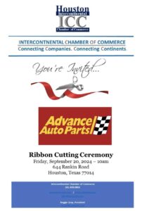 HoustonIntercontinental Chamber of Commerce Ribbon Cutting Invitation with scissors cutting a large red ribbon with Advance Auto Parts logo.