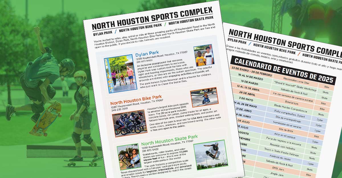 A promotional image for the North Houston Sports Complex features two overlapping flyers detailing park amenities and the 2025 event calendar in Spanish. The background shows skateboarders in action at the North Houston Skate Park.