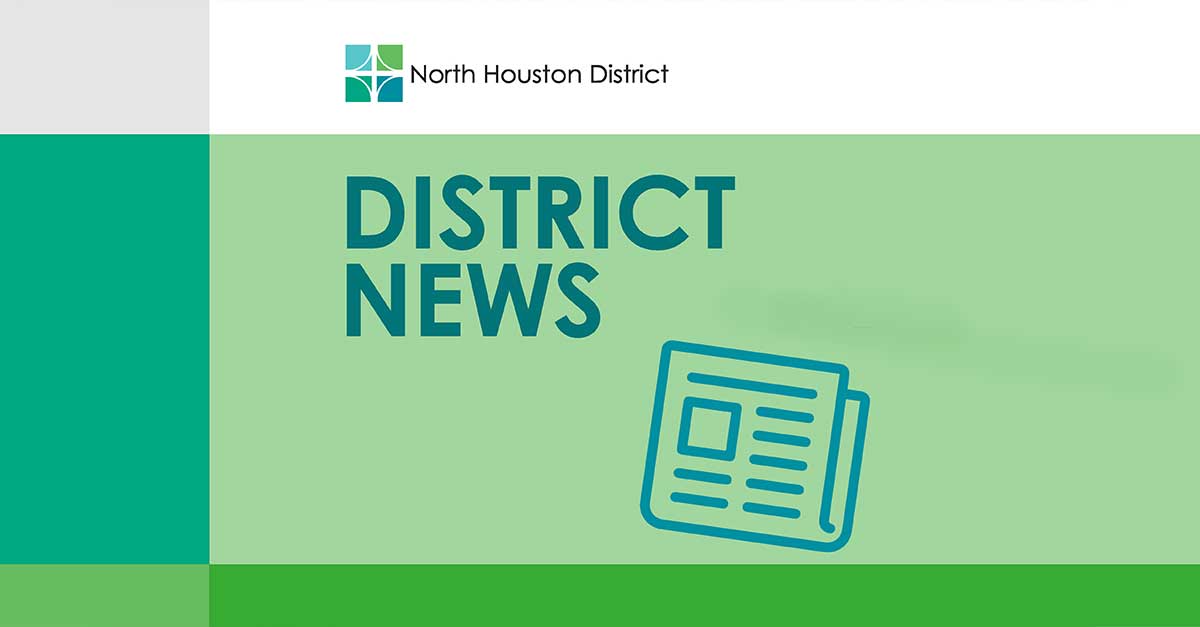 The image features the North Houston District logo at the top left corner, which consists of four green and teal square segments forming a pattern. Below the logo, the text 'District News' is prominently displayed in large teal letters on a green and light green gradient background. To the right of the text, there is an icon of a newspaper, also in teal. The overall design is simple and professional, conveying news or updates related to the North Houston District.