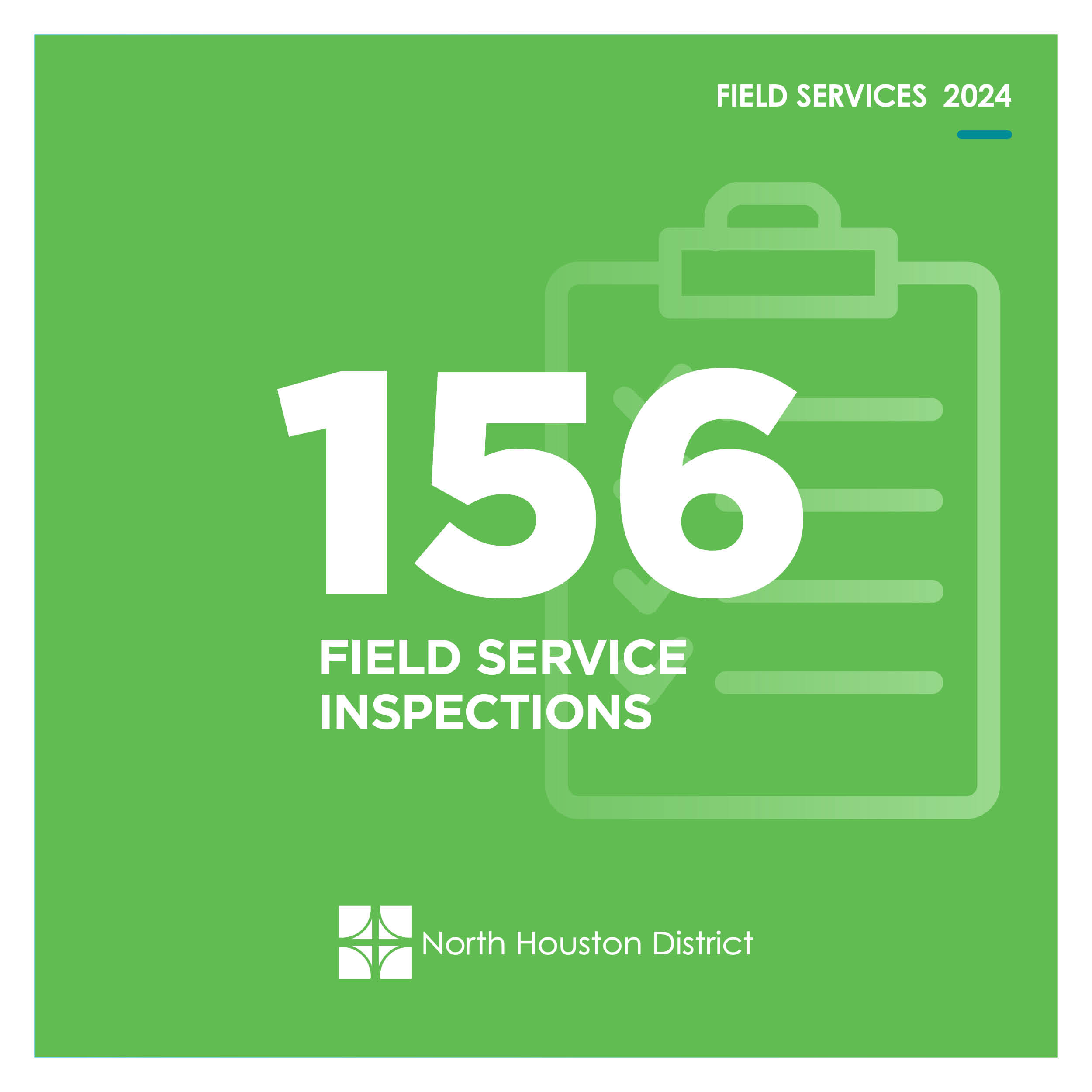 Green graphic with large white text reading 156 Field Service Inspections with an illustration of a clipboard icon and the North Houston District logo.