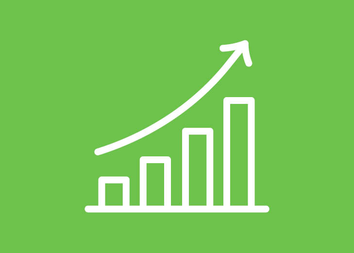 A white outline of a bar graph with an upward-sloping arrow indicating growth or progress. The background is green.