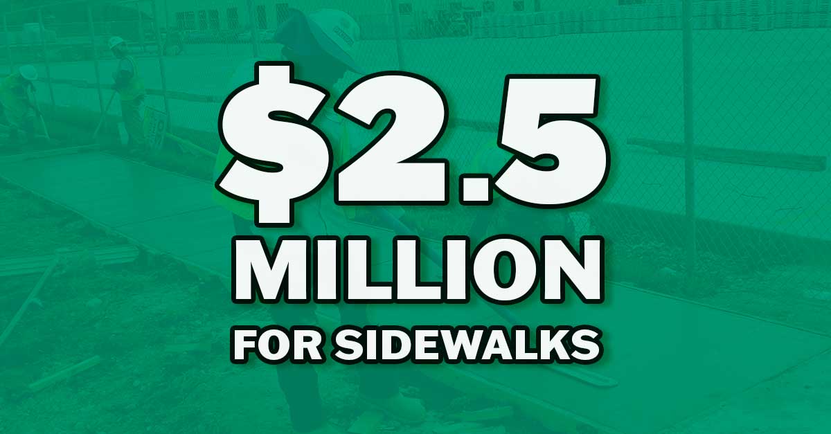 Graphic shows $2.5 million for sidewalks over a background of workers pouring concrete for a sidewalk project.