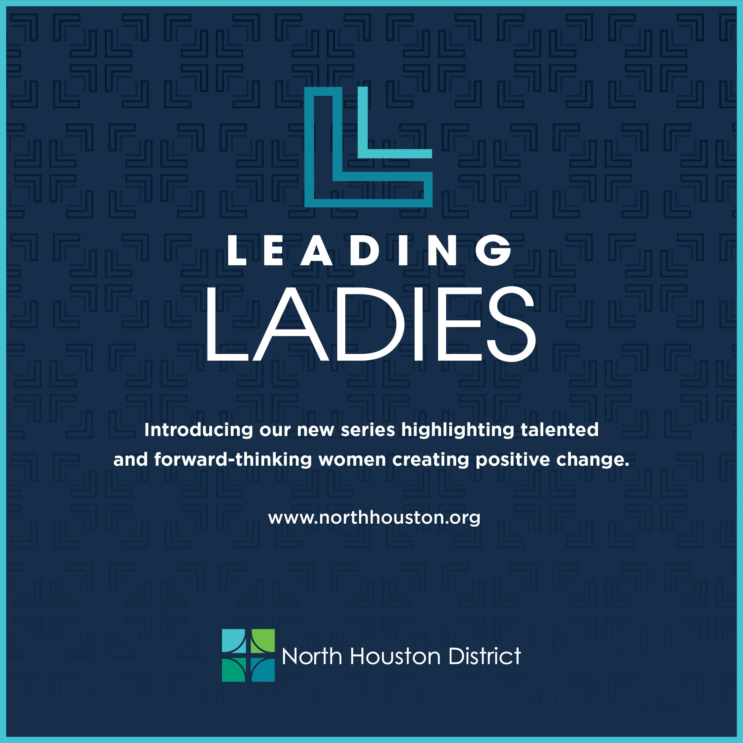 Dark blue background with the words "Leading Ladies" in bold white letters and a teal double L logo above it. Below, it reads, "Introducing our new series highlighting talented and forward-thinking women creating positive change.