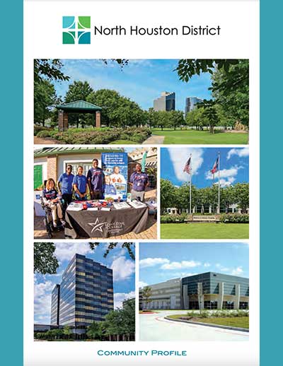 A collage of several images of buildings and people in the North Houston DIstrict.\