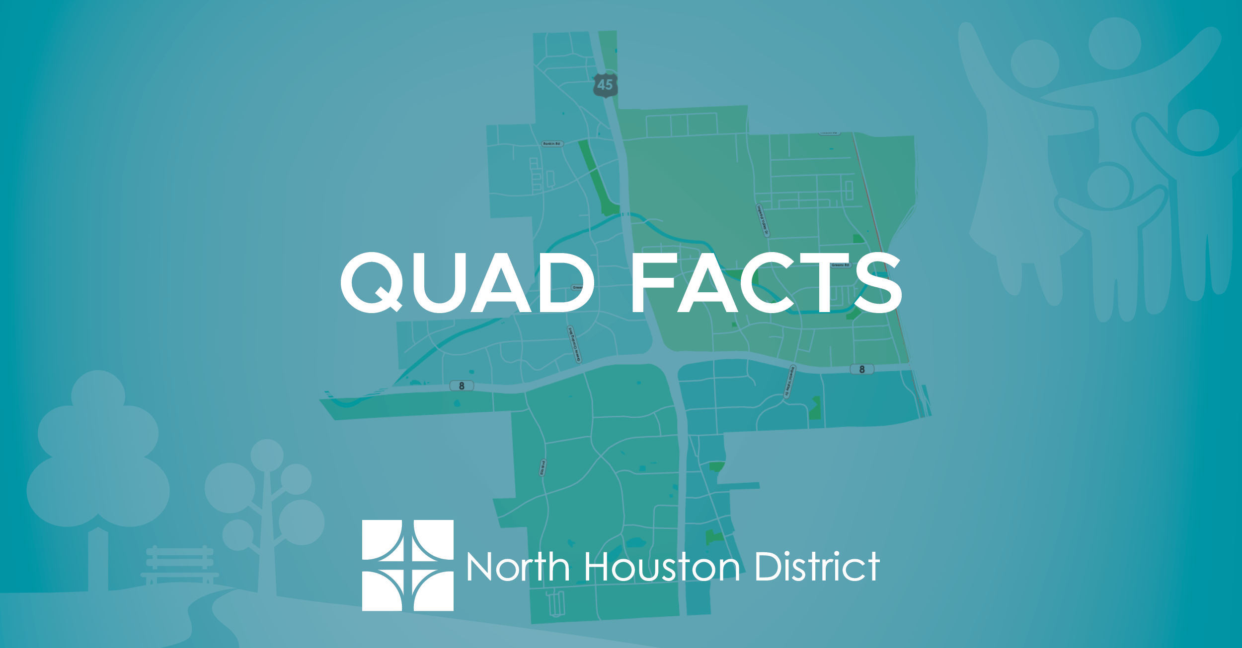 Quad Facts Newsroom Graphic with a blue toned overlay on top of a map showing the District boundaries.