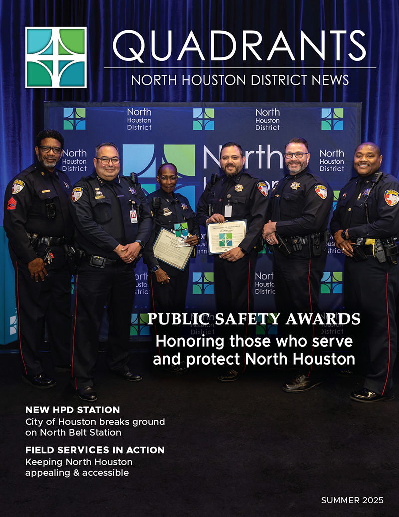 Cover of Quadrants: North Houston District News featuring uniformed officers from local law enforcement honored at the Public Safety Awards. Text highlights stories on the new HPD station and field services.