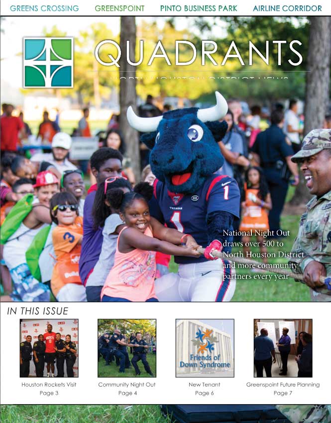 The cover of Quadrants newsletter features Toro, the Texas mascot, and a group of children playing tug-of-war at National Night Out.