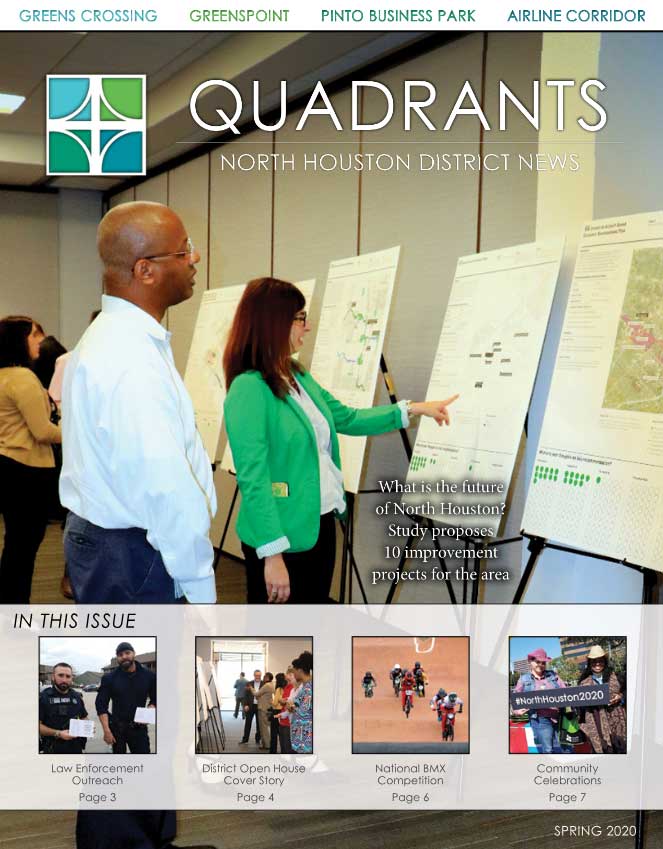 The cover of Quadrants newsletter features a man and a woman looking at maps on easels during a Livable Centers event.