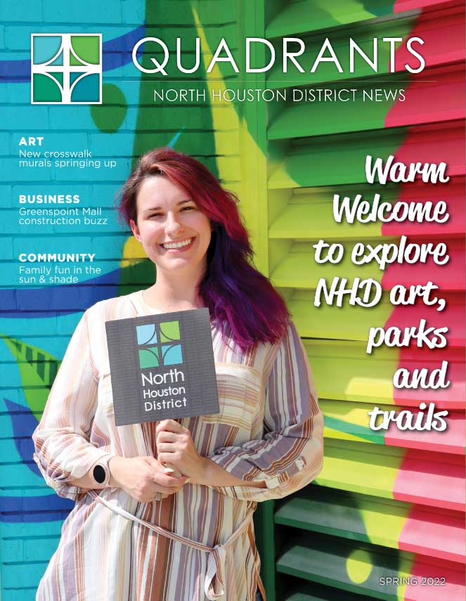 The cover of the Quadrants newsletter features a smiling Aldine Branch Library female employee in front of the brightly colored mural on the library building.