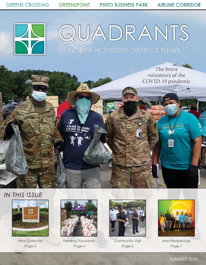 The cover of Quadrants newsletter features a group of volunteers at an event at North Houston Skate Park during the COVID-19 pandemic.