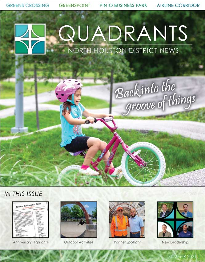 The cover of Quadrants newsletter features a young girl riding a pink bicycle in Rockstar Energy Bike Park.