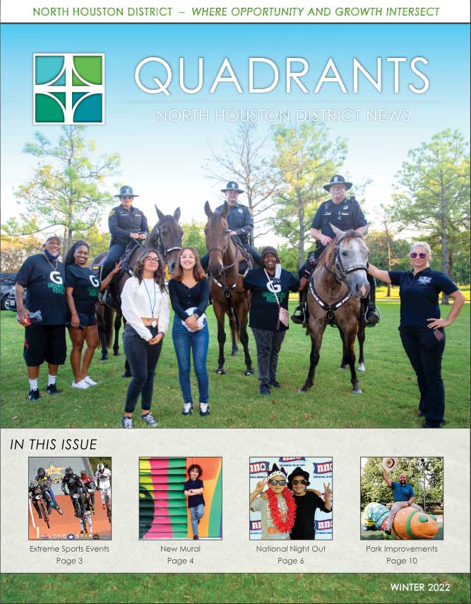 The cover of the Quadrants newsletter features a group of mounted patrol officers and community partners in Wussow Park at National Night Out.