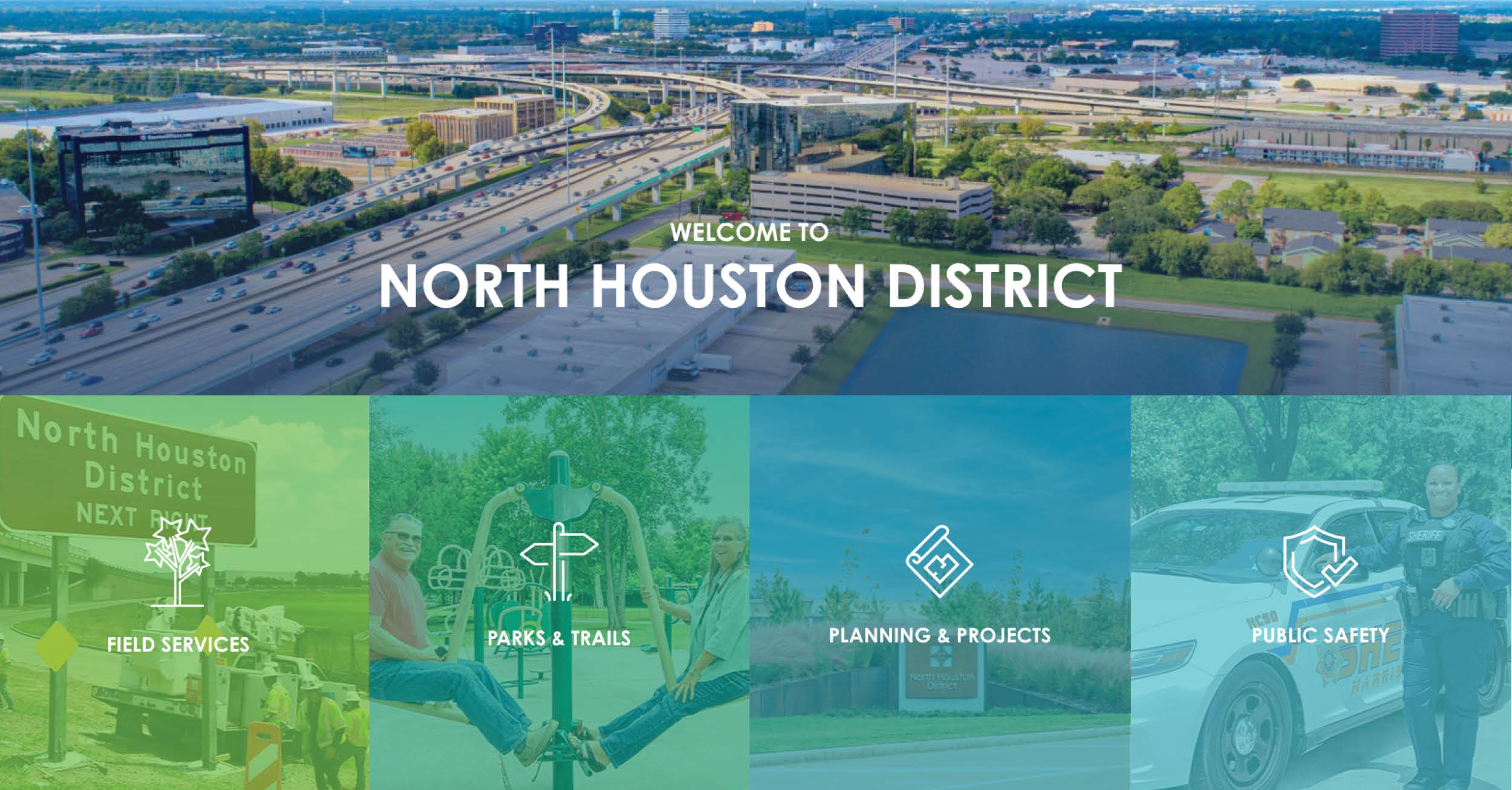 The homepage of the North Houston District’s website features an aerial view of the I-45 and Beltway 8 intersection in North Houston, with trees, roads, and buildings visible. Overlaid in the center is the text ‘Welcome to North Houston District.’ Below the image are four clickable categories: Field Services, Parks & Trails, Planning & Projects, and Public Safety. The top navigation bar includes links to ‘About,’ ‘Field Services,’ ‘Parks & Trails,’ ‘Planning & Projects,’ ‘Public Affairs,’ and ‘Public Safety,’ as well as a ‘Connect’ button